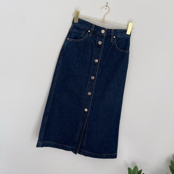 GOLDSIGN Easton Denim Midi A-Line Button Down Denim Skirt In Blue Size 24 NWT - Picture 4 of 12